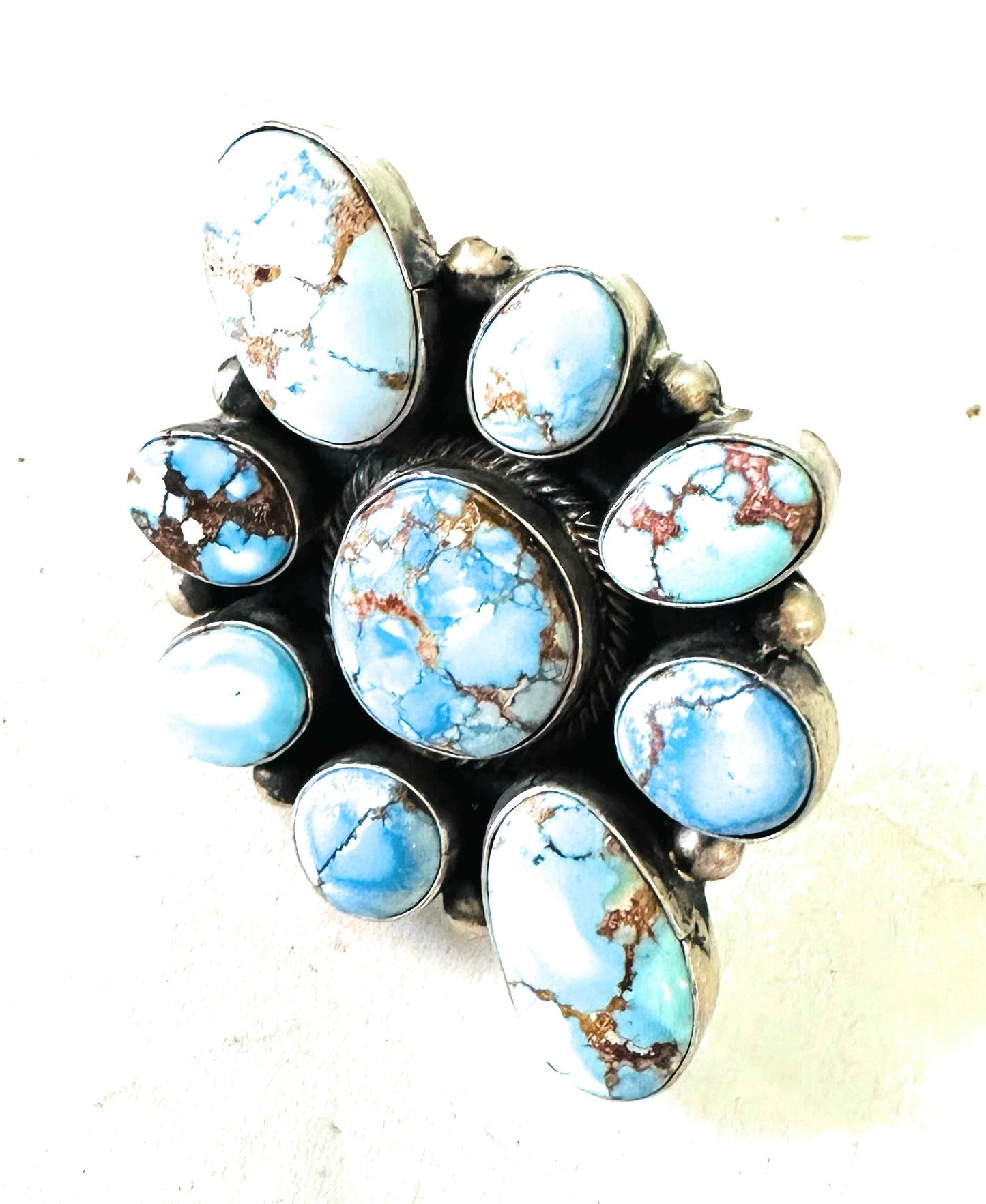 Handcrafted Golden Hills Turquoise & Sterling Silver Cluster Ring Size 8