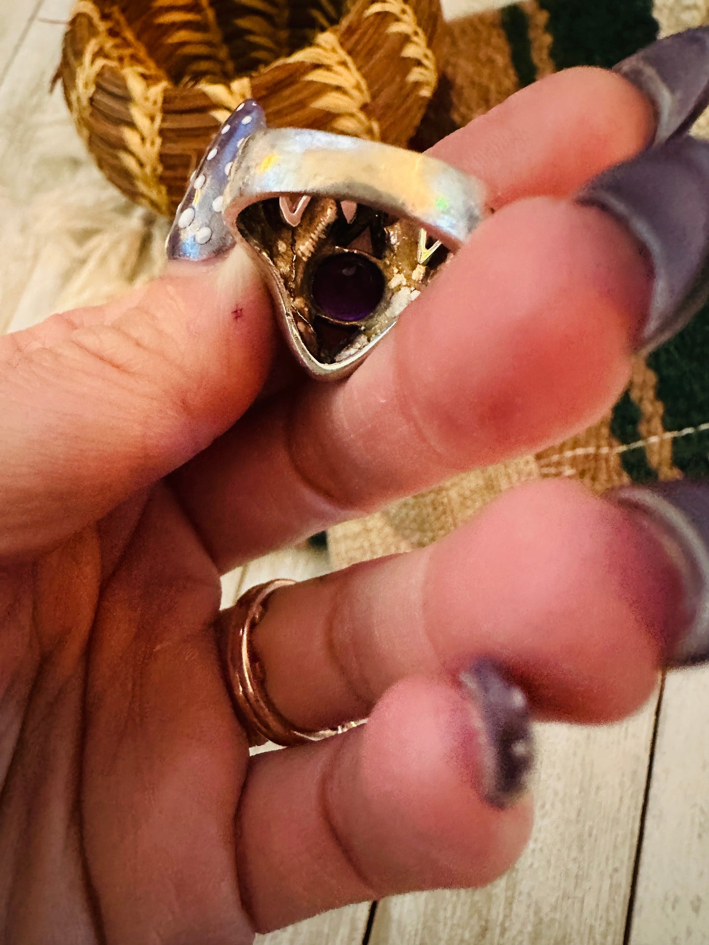 Old Pawn Handcrafted Turquoise, Amethyst & Sterling Silver Ring Size 7
