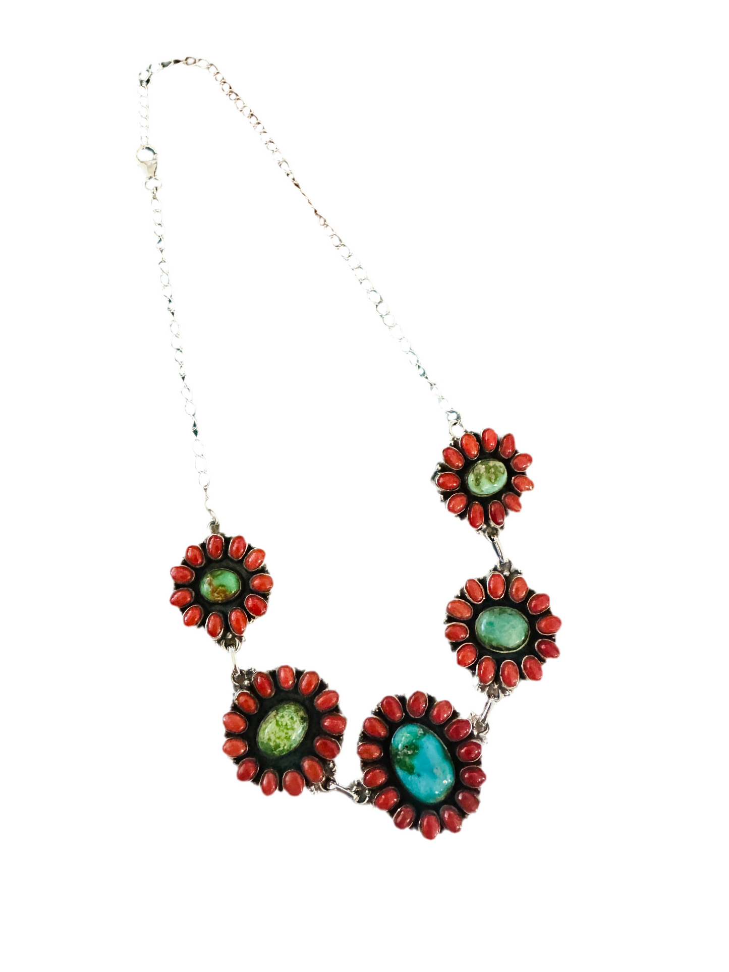 ** Christmas Collection ** Handmade Sterling Silver, Sonoran Mountain Turquoise & Coral Necklace Signed Nizhoni