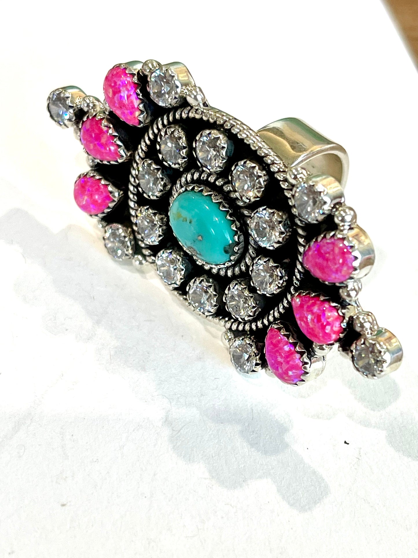 Handmade Pink Fire Opal, Opal, Cubic Zirconia And Sterling Silver Adjustable Ring Signed Nizhoni