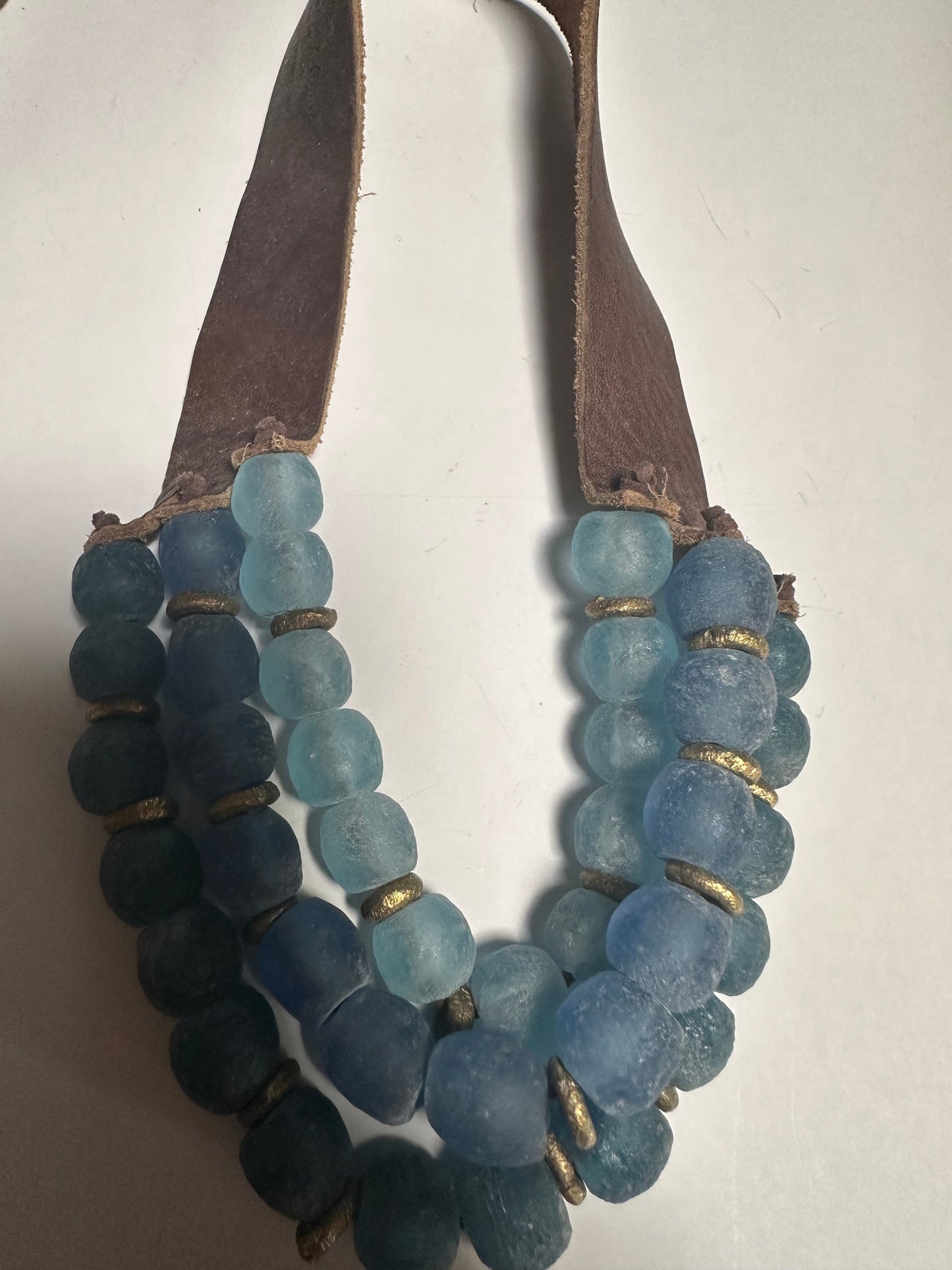 Handmade Recycled Glass 3 Strand Blue Beaded Necklace