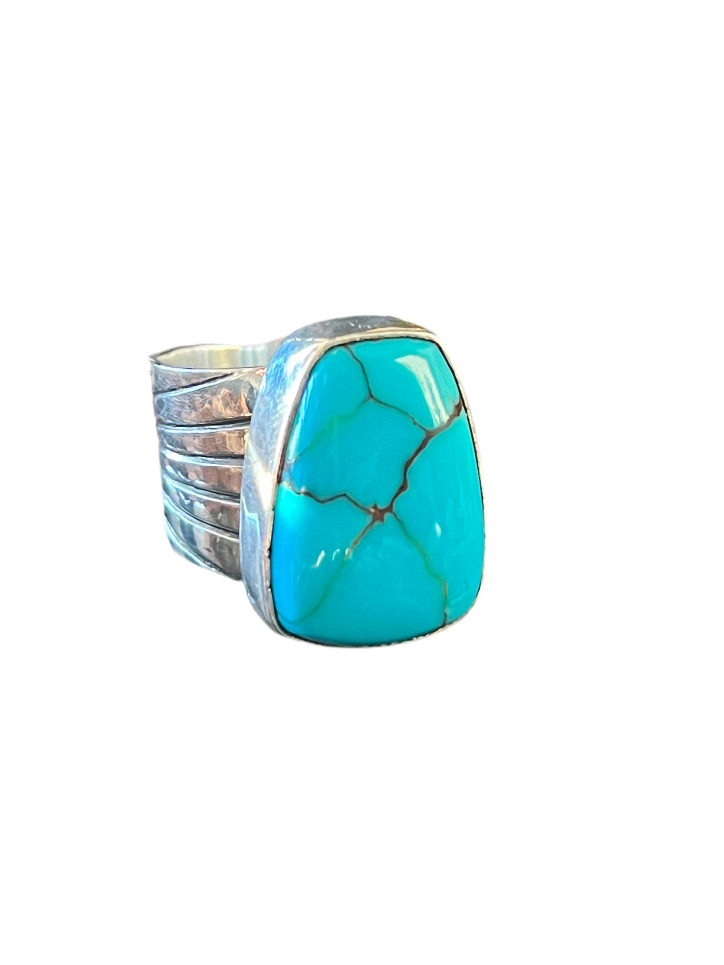 Handcrafted Hand Stamped Sterling Silver and Egyptian Turquoise Wide Shank Ring by Shaun Rogers, Size 8.25