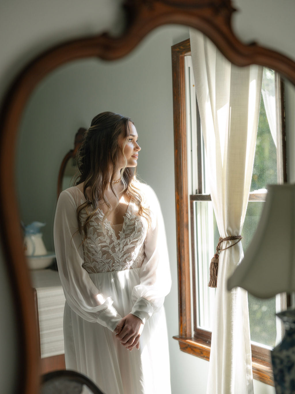 The Claire Gown – Nude Lace Western Wedding Dress with V-Neckline