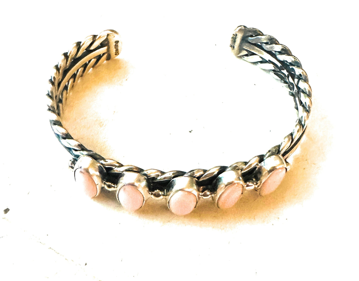 Handcrafted 5 Stone Queen Pink Conch Shell & Sterling Silver Cuff Bracelet