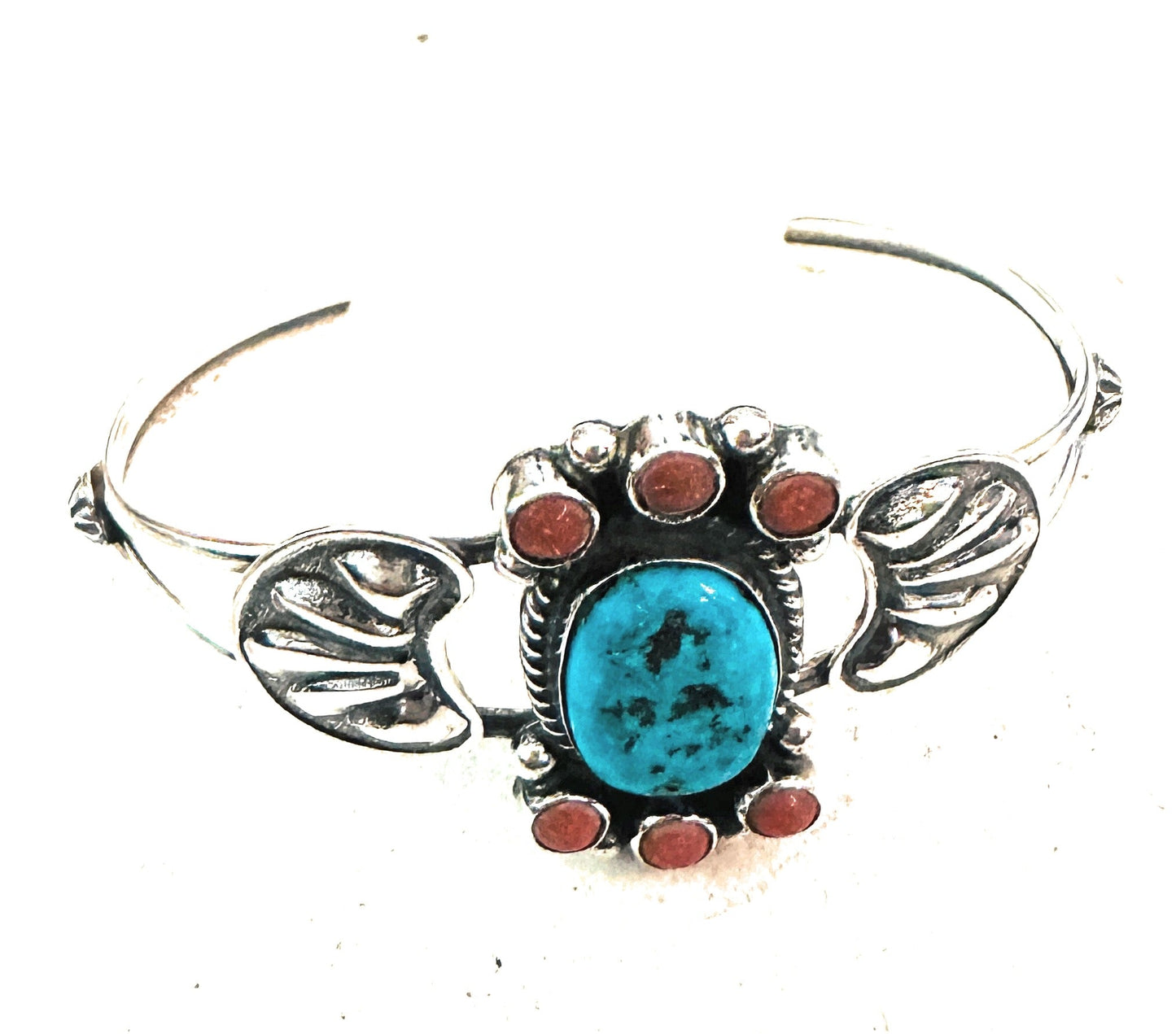 Handcrafted Turquoise, Coral & Sterling Silver Cluster Cuff Bracelet