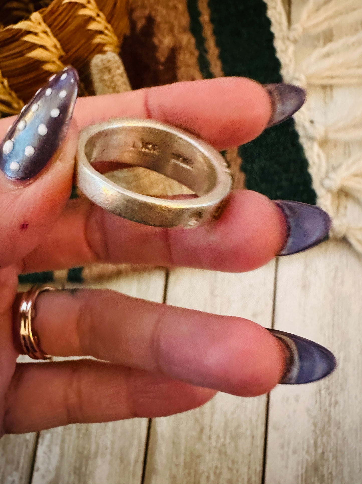 Old Pawn Handcrafted Onyx, Turquoise & Sterling Silver Inlay Ring Size 12