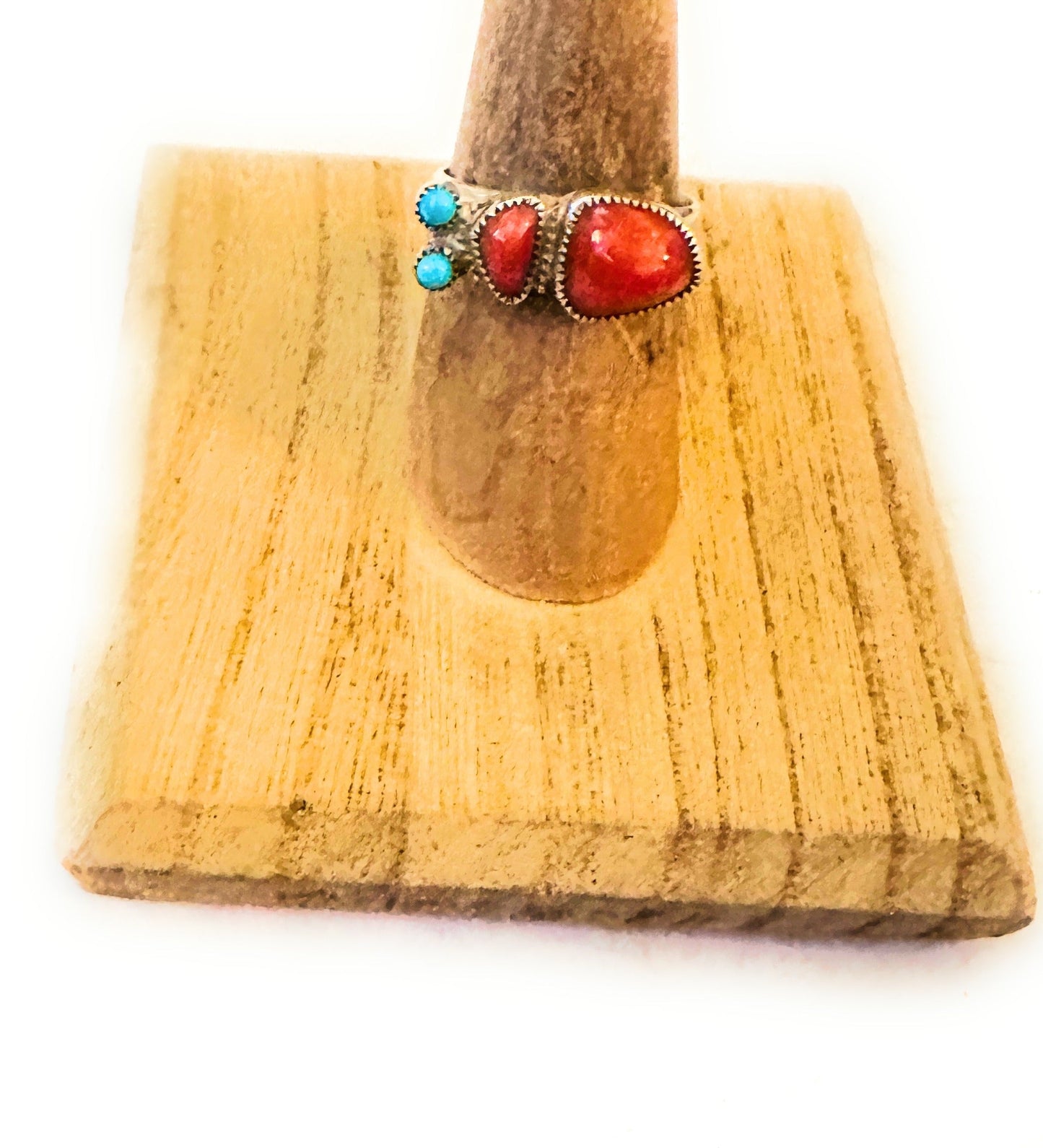 Handcrafted Coral, Turquoise & Sterling Silver Inlay Ring Size 7