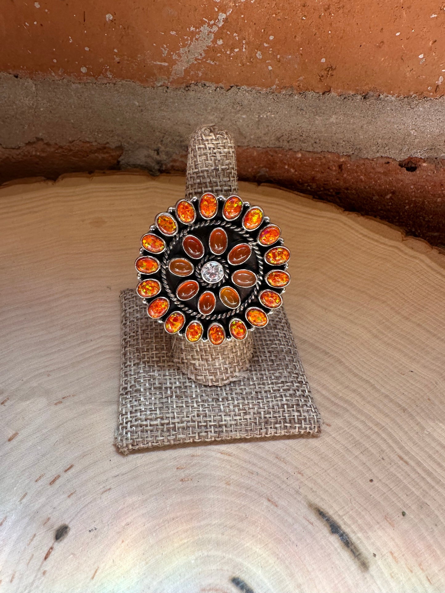 Handmade Amber, Fire Opal, CZ & Sterling Silver Adjustable Ring Signed Nizhoni