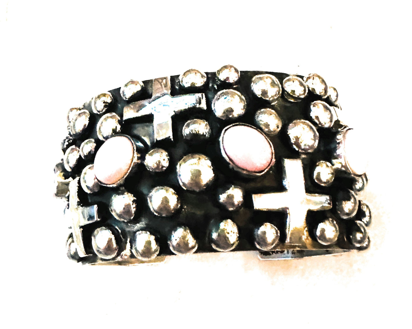 Handcrafted Sterling Silver & Queen Pink Conch Cross Cuff Bracelet By Chimney Butte /