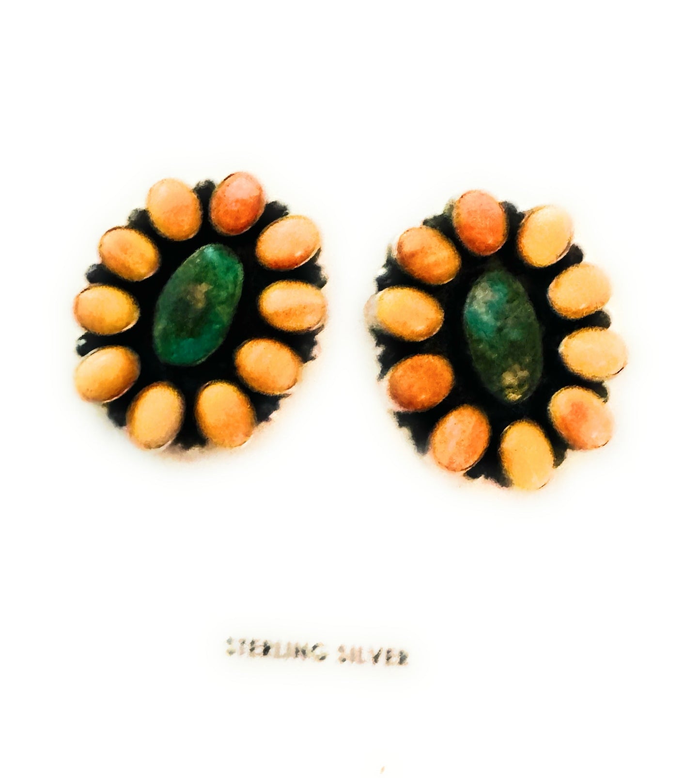 Handcrafted Sterling Silver, Orange Spiny & Turquoise Cluster Earrings