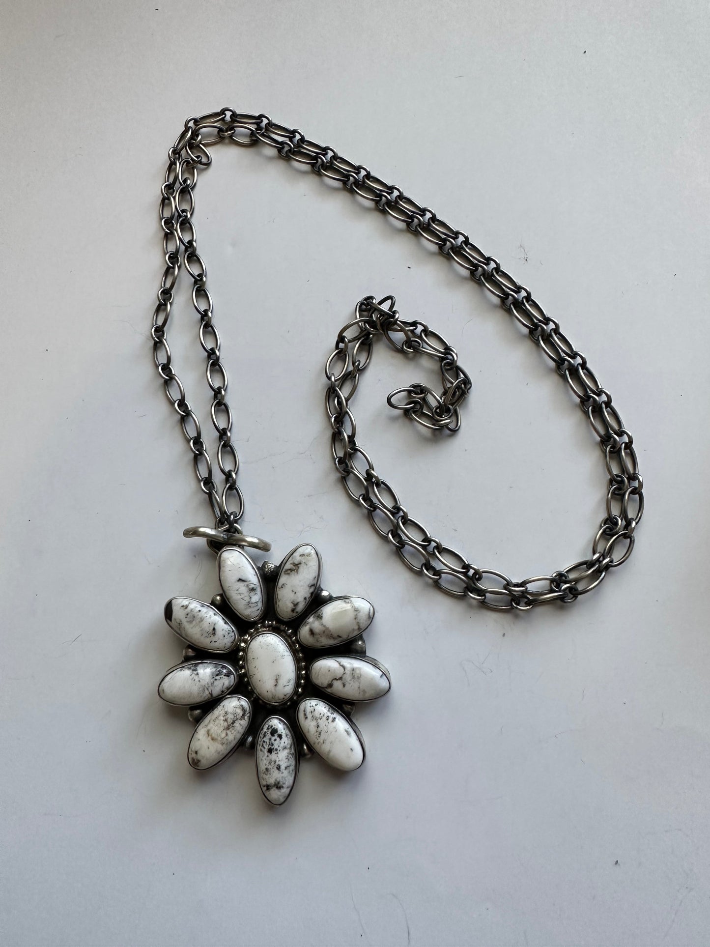 Handcrafted Handmade White Buffalo And Sterling Silver Cluster Necklace Signed