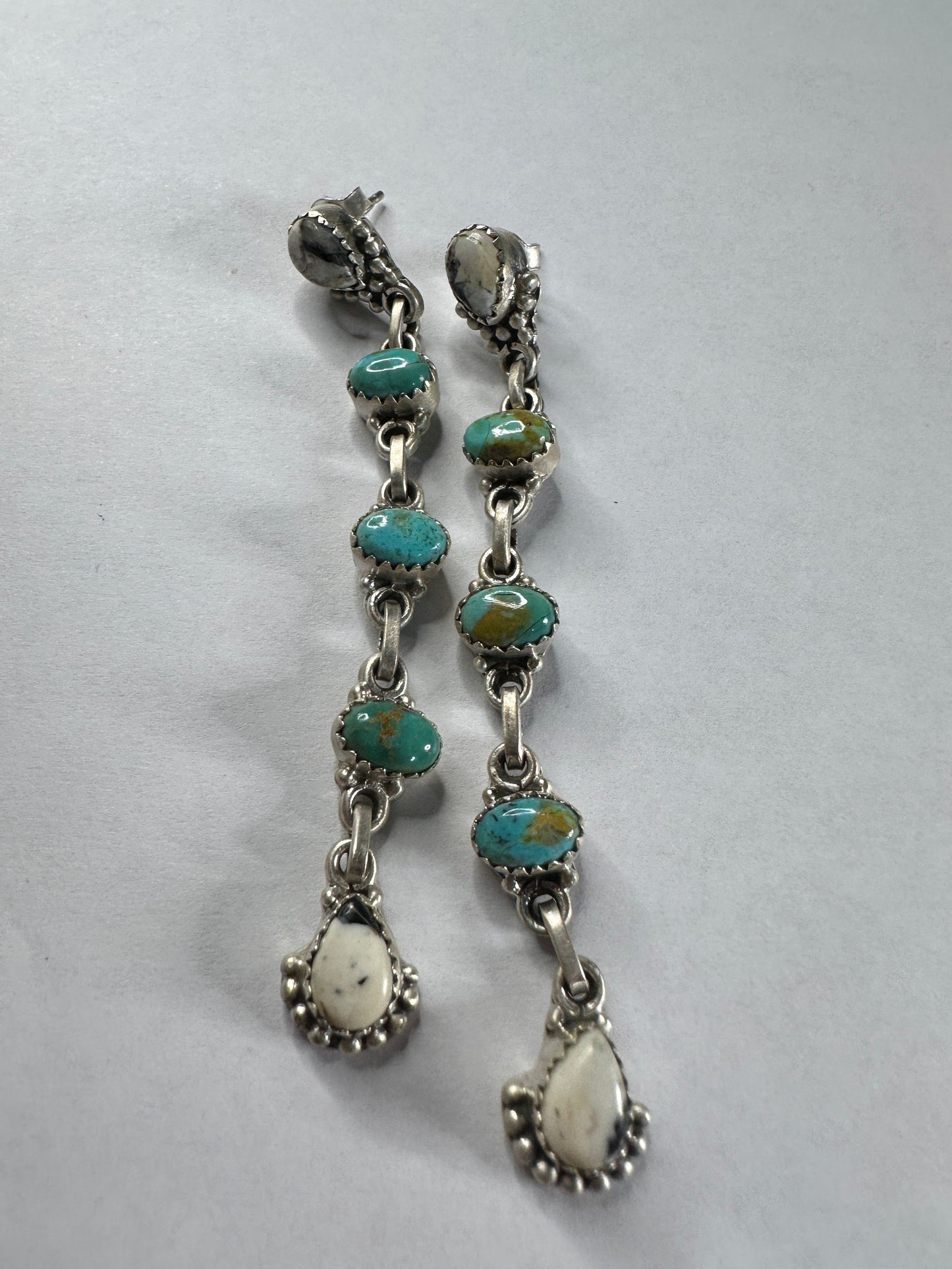 Handmade White Buffalo, Turquoise & Sterling Silver 5 Stone Dangle Earrings