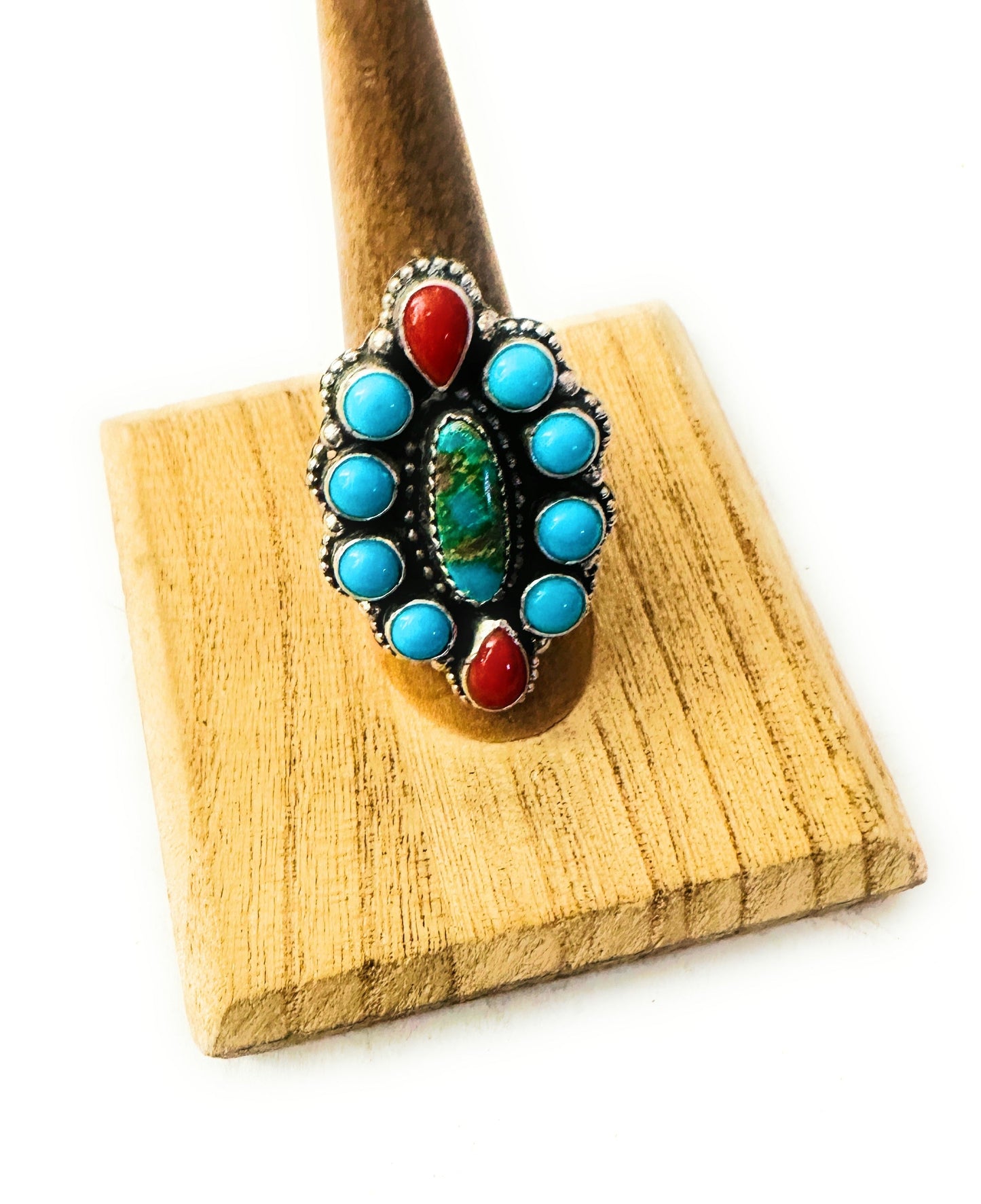 Handcrafted Turquoise, Coral & Sterling Silver Cluster Ring Size 7.25