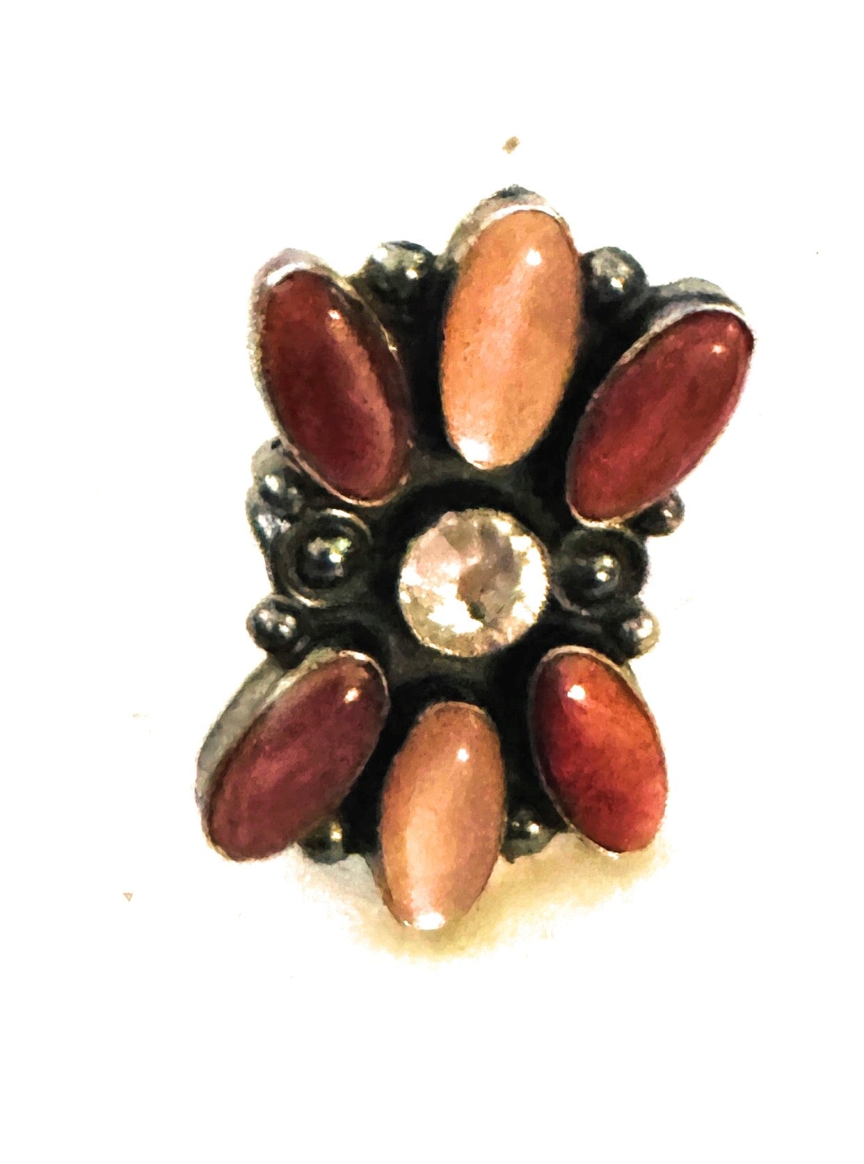 Handcrafted Sterling Silver, Mother of Pearl, Spiny & CZ Cluster Ring Size 7.25
