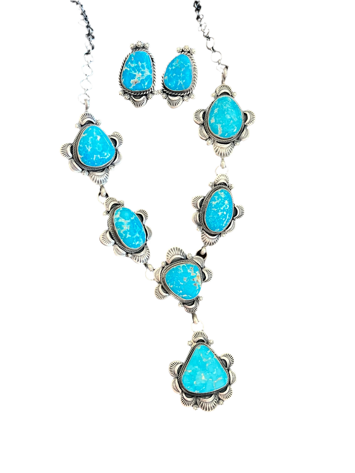 Handcrafted Stellar Sterling Silver and Whitewater Turquoise Necklace and Earrings Set by Gilbert Tom
