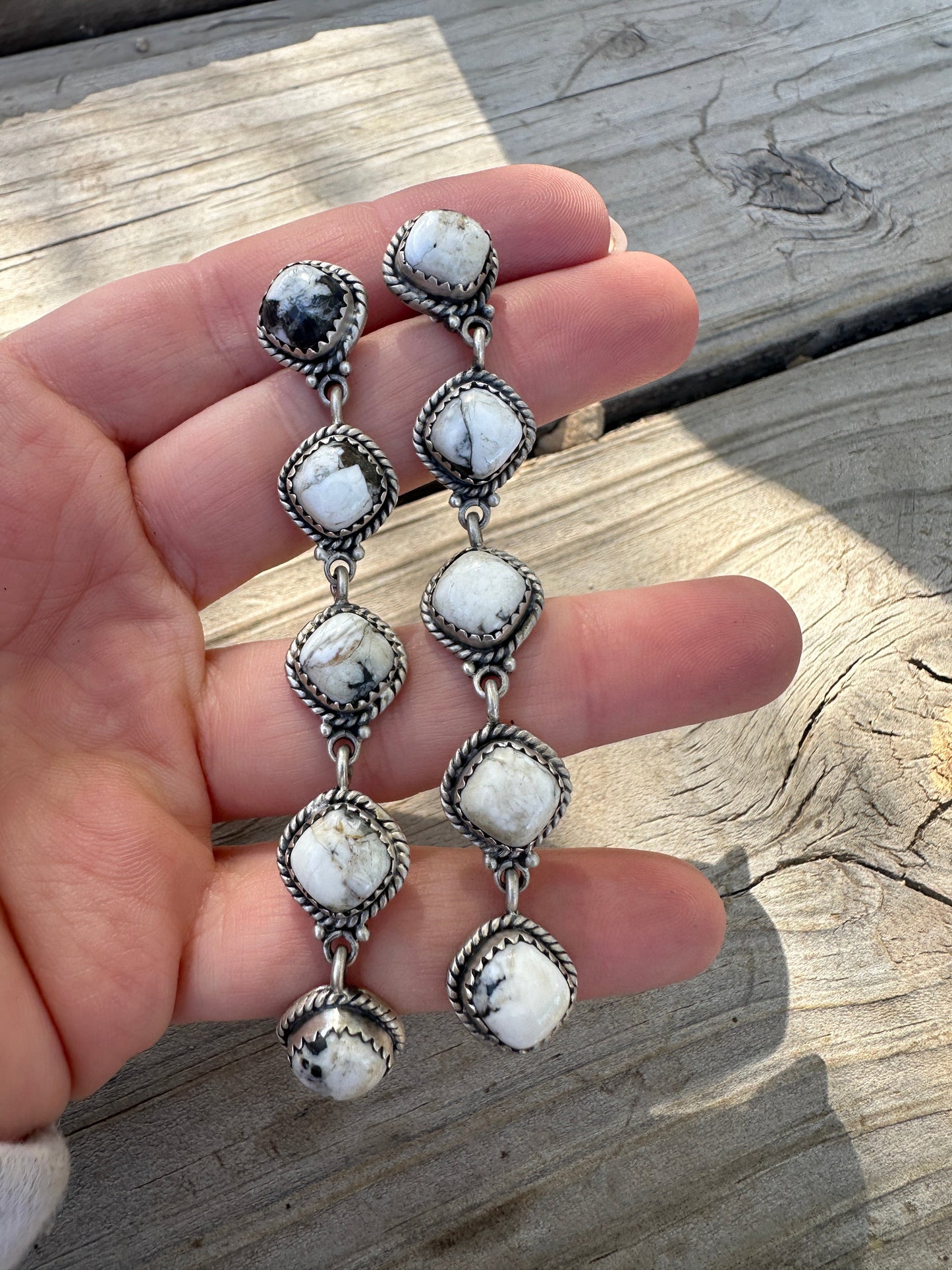 Handmade White Buffalo & Sterling Silver 5 Stone Dangle Earrings