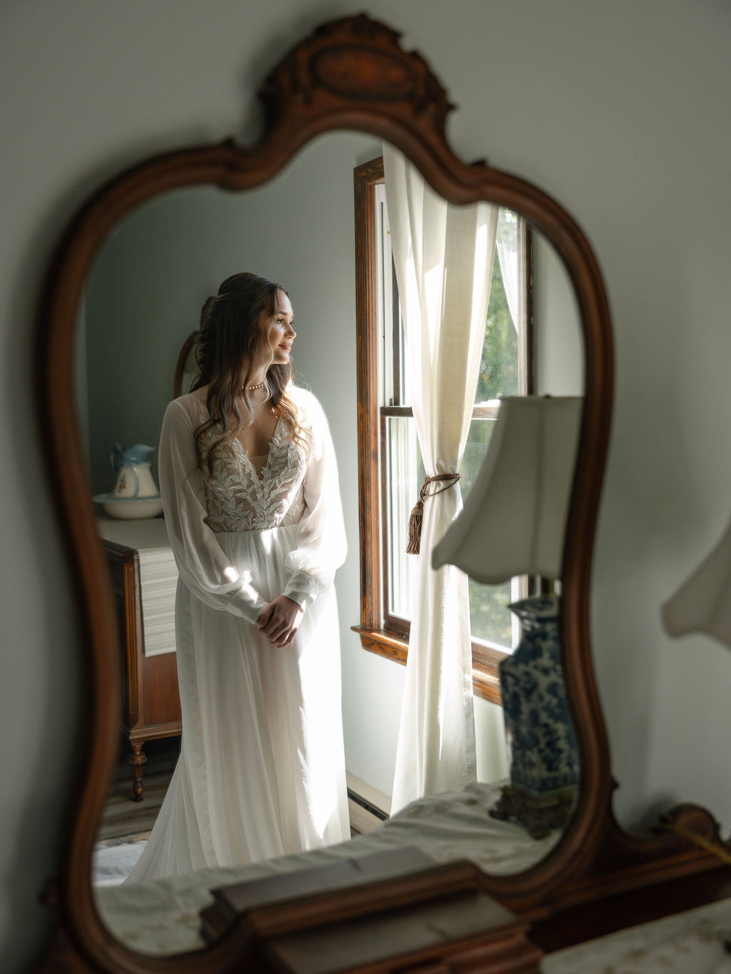 The Claire Gown – Nude Lace Western Wedding Dress with V-Neckline