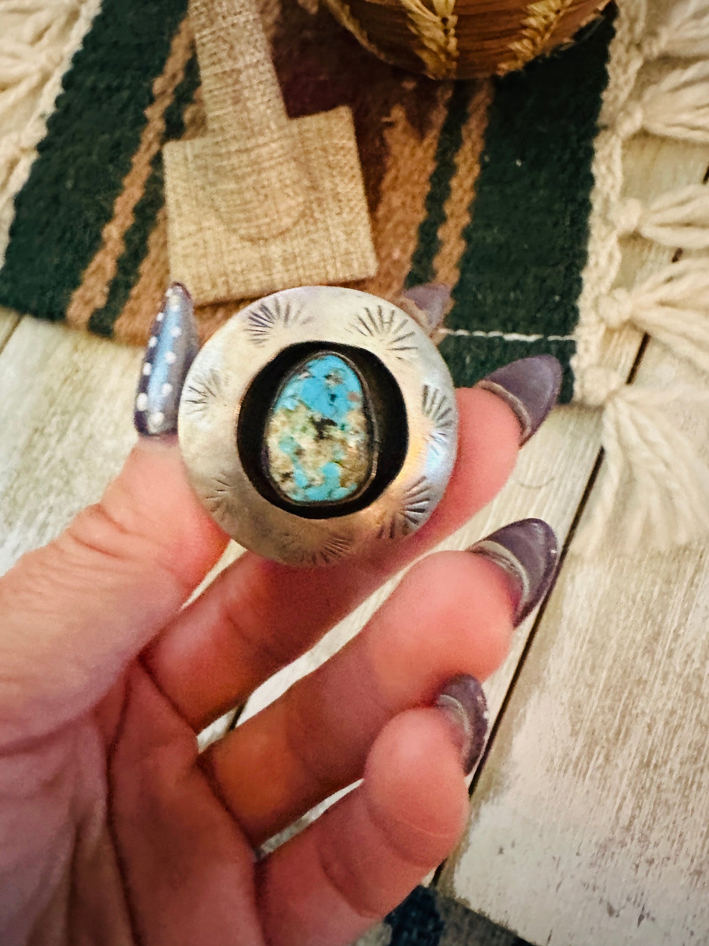 Old Pawn Handcrafted Turquoise & Sterling Silver Shadowbox Ring Size 7