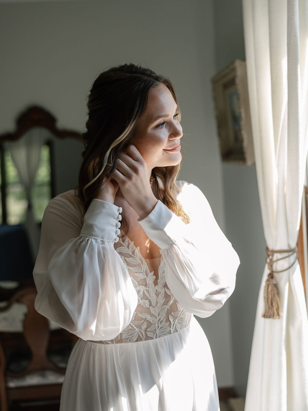 The Claire Gown – Nude Lace Western Wedding Dress with V-Neckline