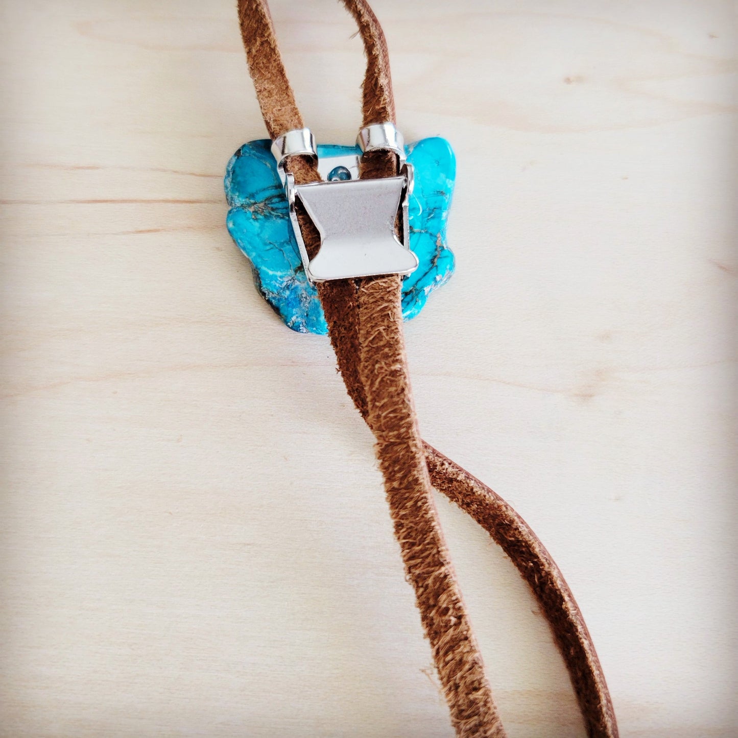 Leather Lariat Boho Necklace w/ Blue Regalite Slab Accent 264f