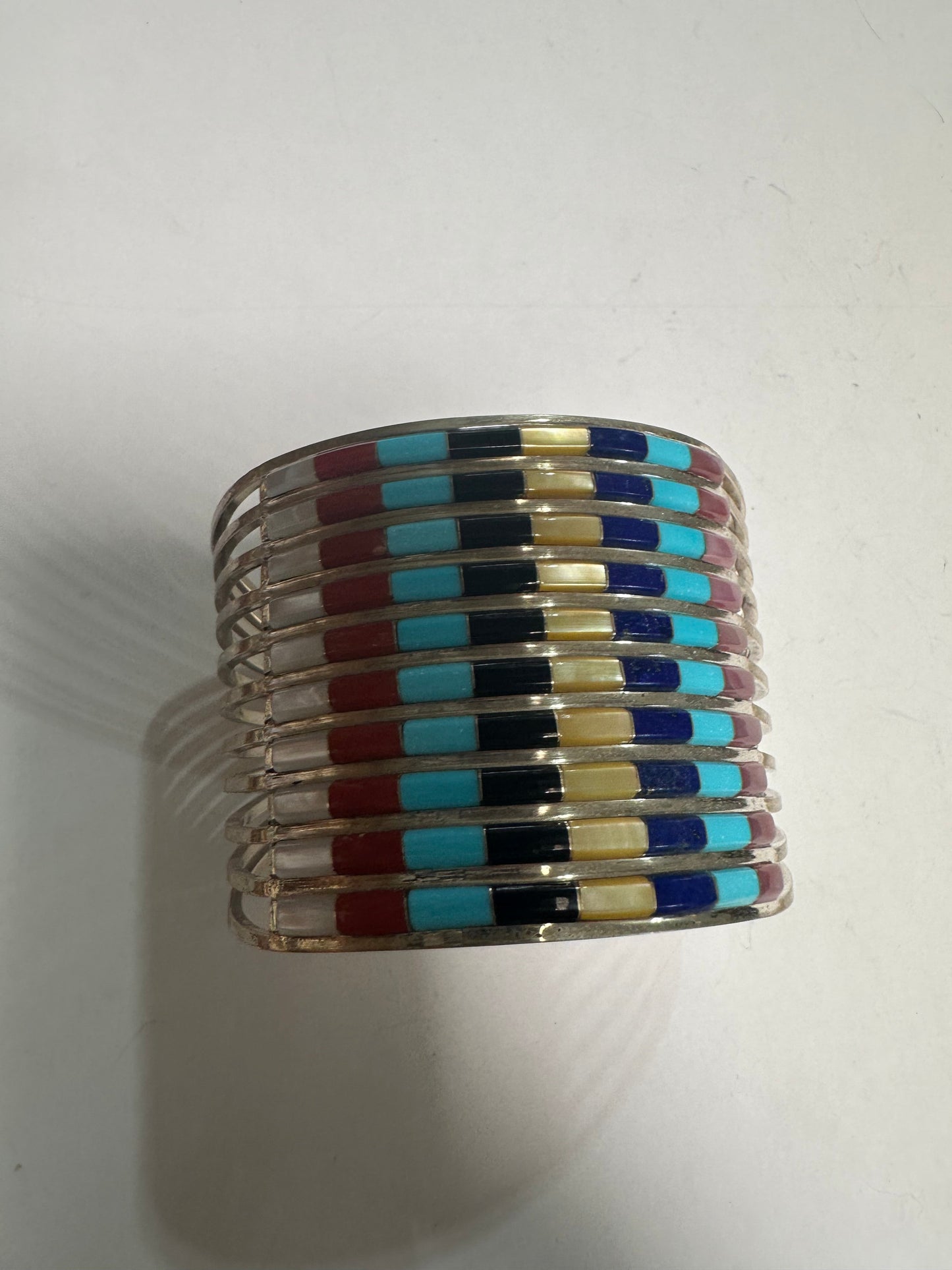 Handcrafted Multi Stone & Sterling Silver Inlay Cuff Bracelet Signed