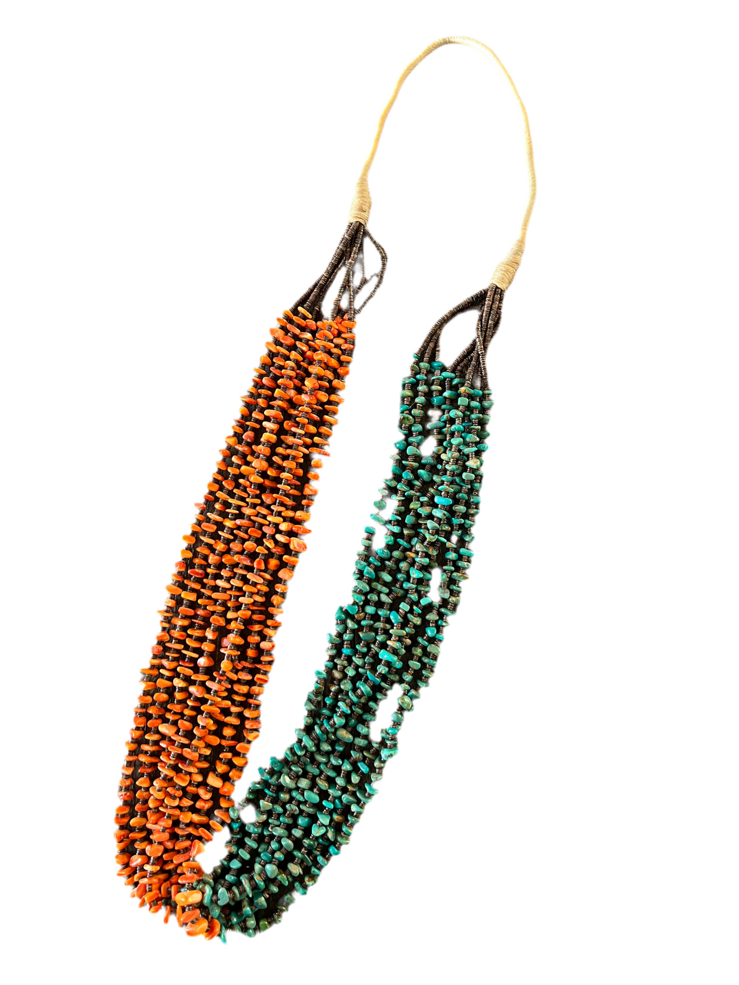 Handcrafted Eight Strand Spiny Oyster and Turquoise Beaded Squaw Wrap Necklace by Daniel Coriz