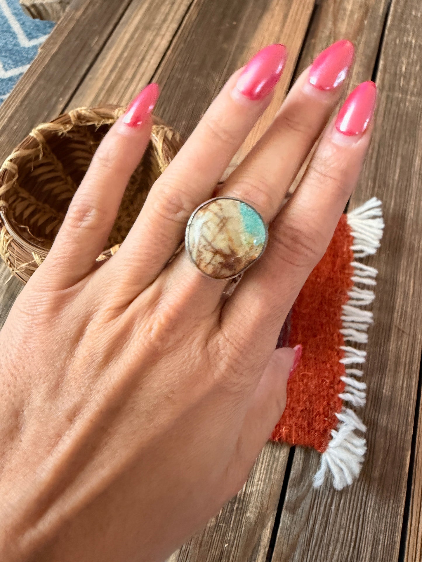 Handcrafted Ribbon Turquoise & Sterling Silver Ring Size 7.5