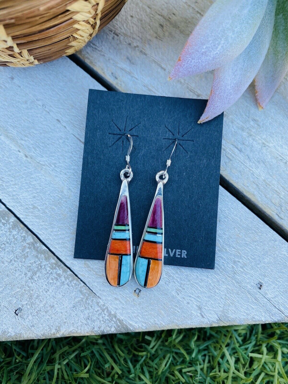 Navajo Multi Stone And Sterling Silver Inlay Dangle Earrings – A Western  Wedding Co