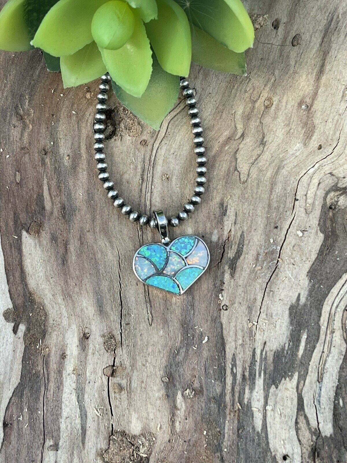 Zuni Iridescent Blue Opal & Sterling Silver Heart Pendant