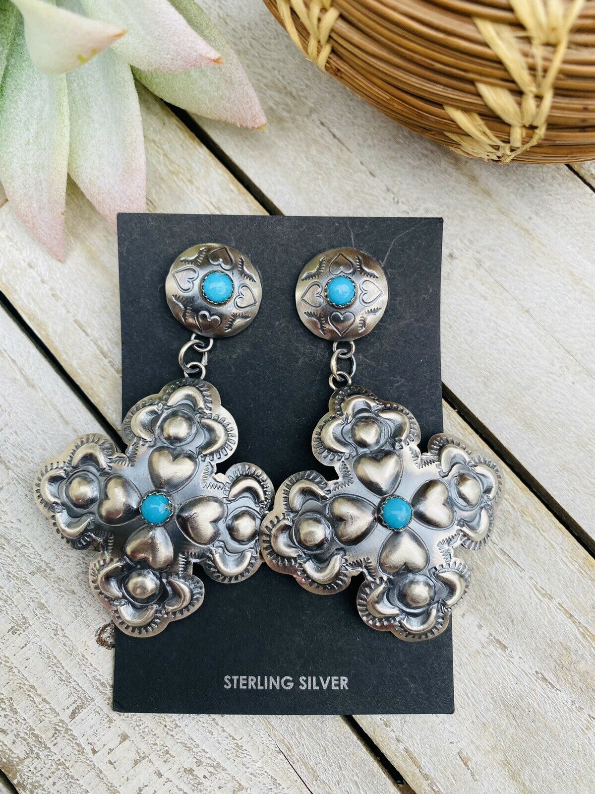 Navajo Turquoise & Sterling Silver Concho Cross Dangle Earrings By Tim – A  Western Wedding Co