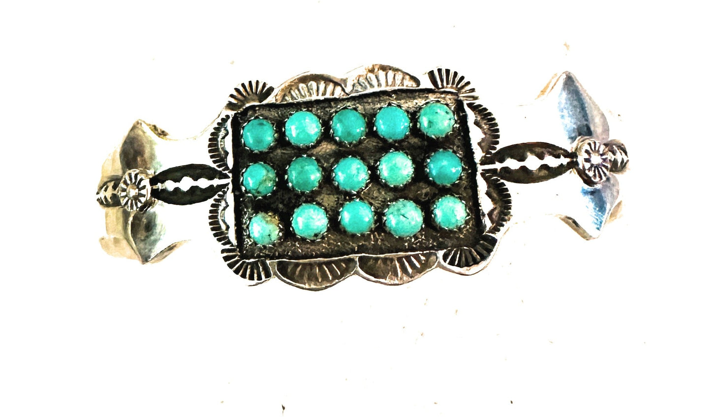 Turquoise & Sterling Silver 3 Row Cluster Cuff Bracelet /