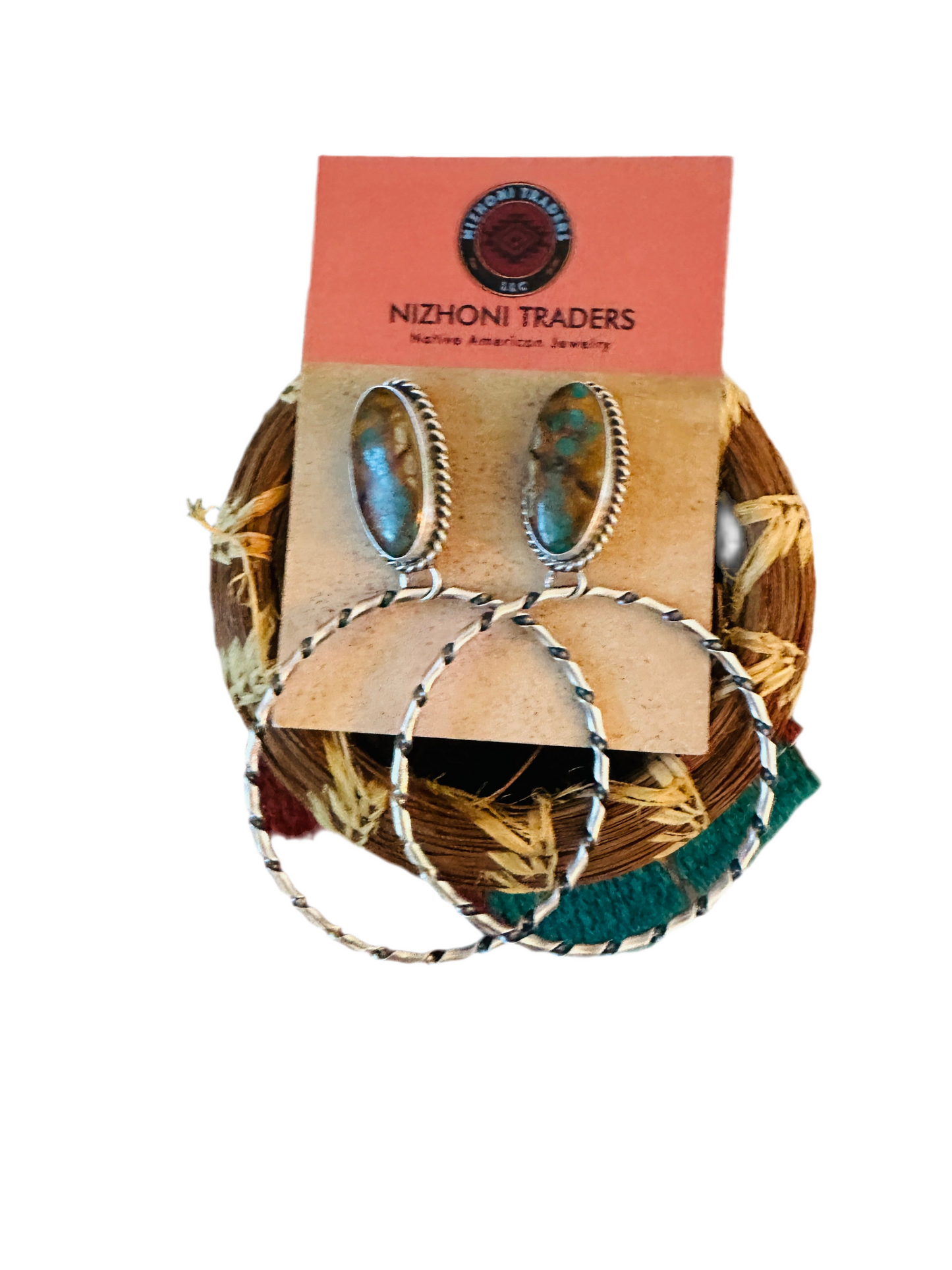 Handcrafted Ribbon Turquoise and Sterling Silver Dangle Hoop Earrings