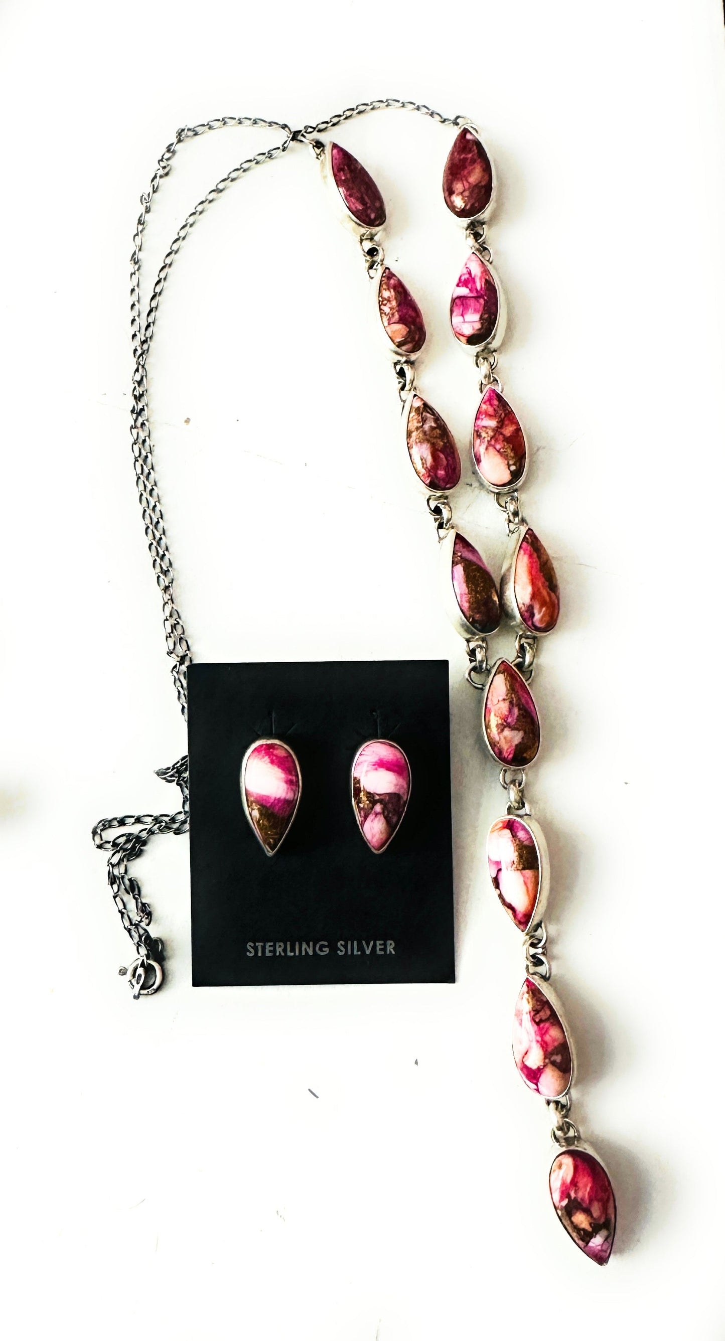 Handcrafted Sterling Silver & Pink Dream Mojave Lariat Necklace Set