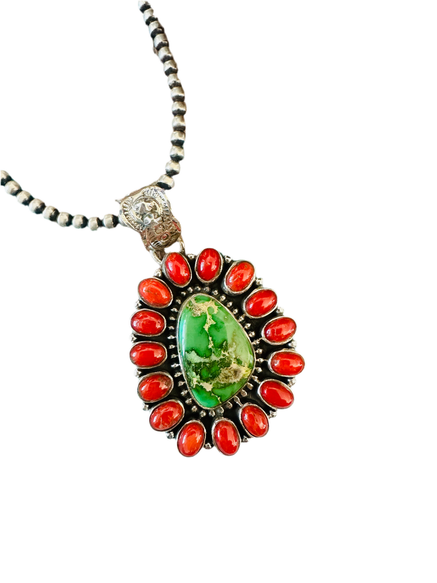 ** Christmas Collection ** Handmade Sterling Silver, Coral & Turquoise Cluster Pendant Signed Nizhoni