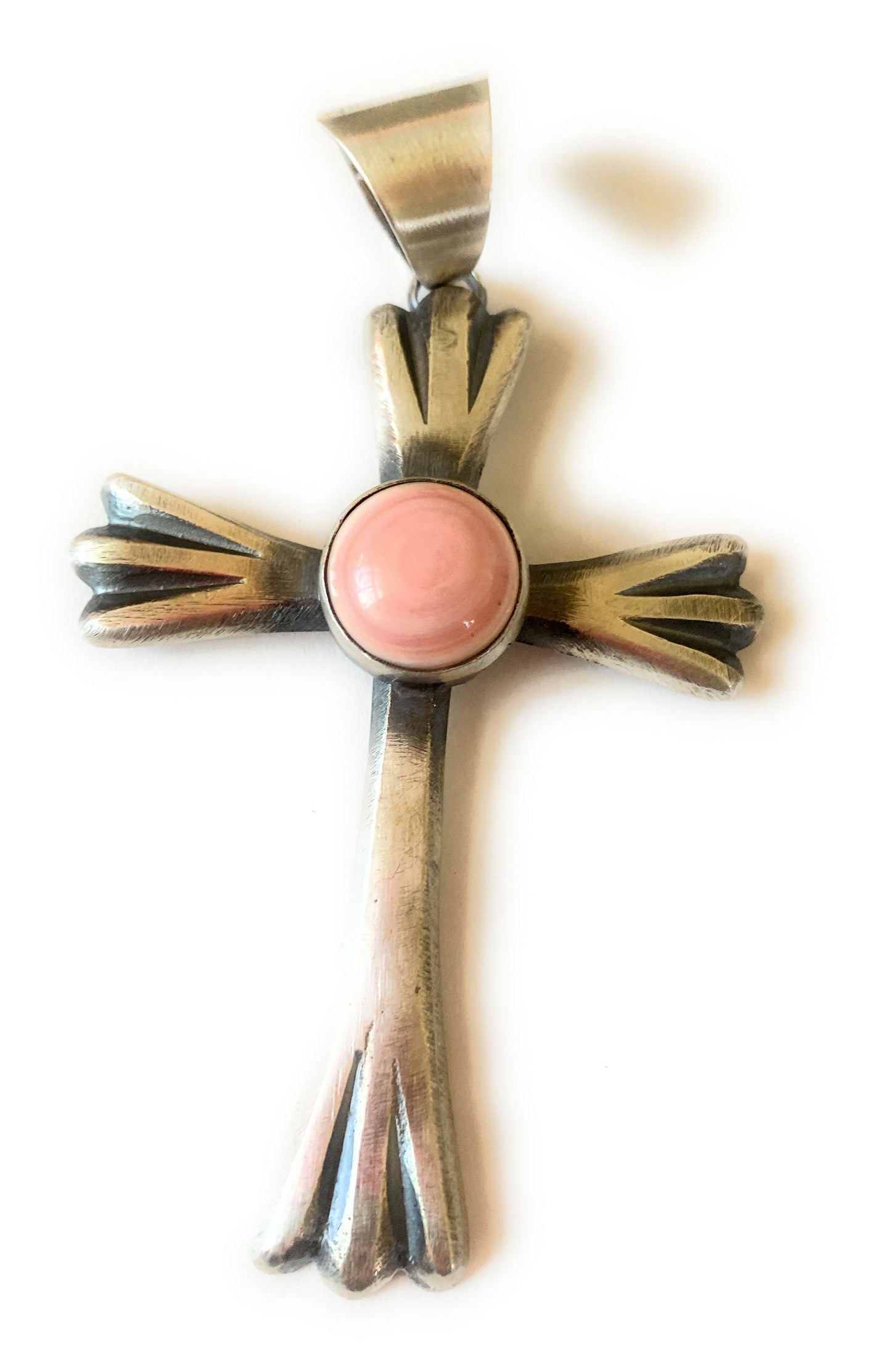 Handcrafted Queen Pink Conch Shell & Sterling Silver Cross Pendant By Chimney Butte