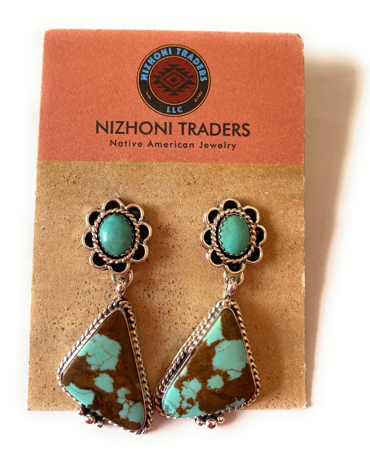 Handcrafted Number 8 Turquoise & Sterling Silver Flower Dangle Earrings