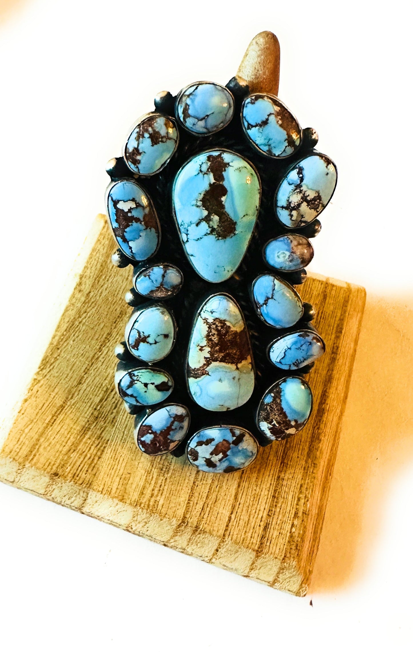 Handcrafted Golden Hills Turquoise & Sterling Silver Cluster Ring Size 8