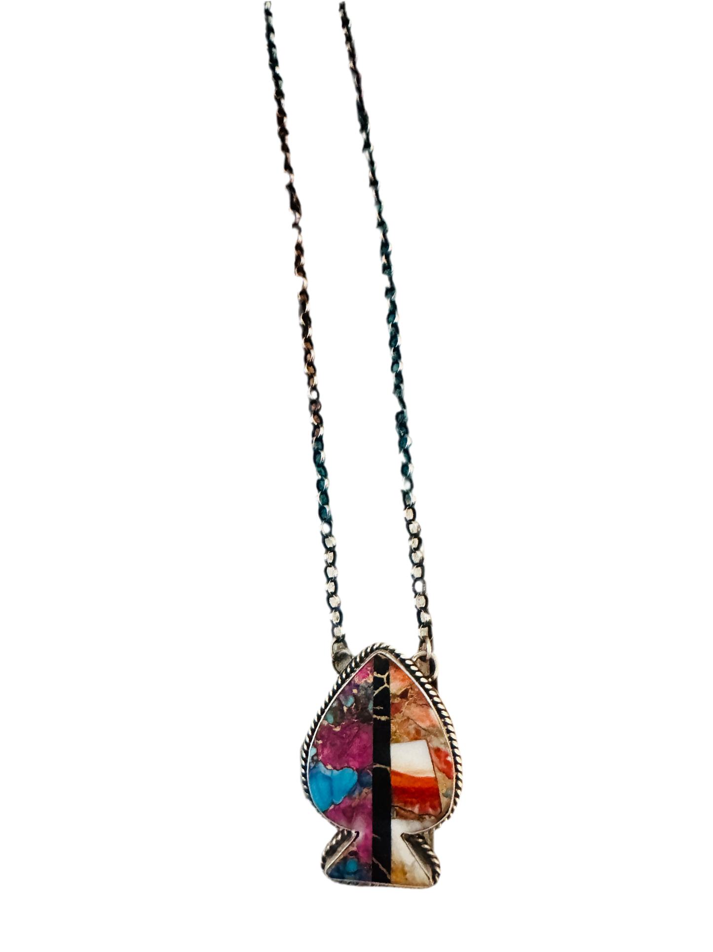 Handcrafted Sterling Silver & Multi Stone Inlay Spade Necklace