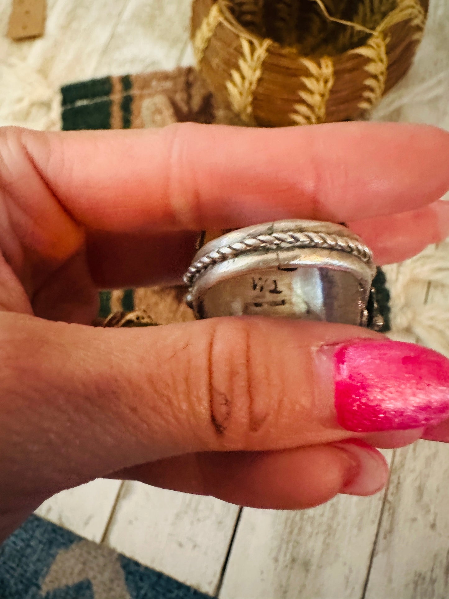 Handcrafted Old Pawn Turquoise and Sterling Silver Ring Size 11.5