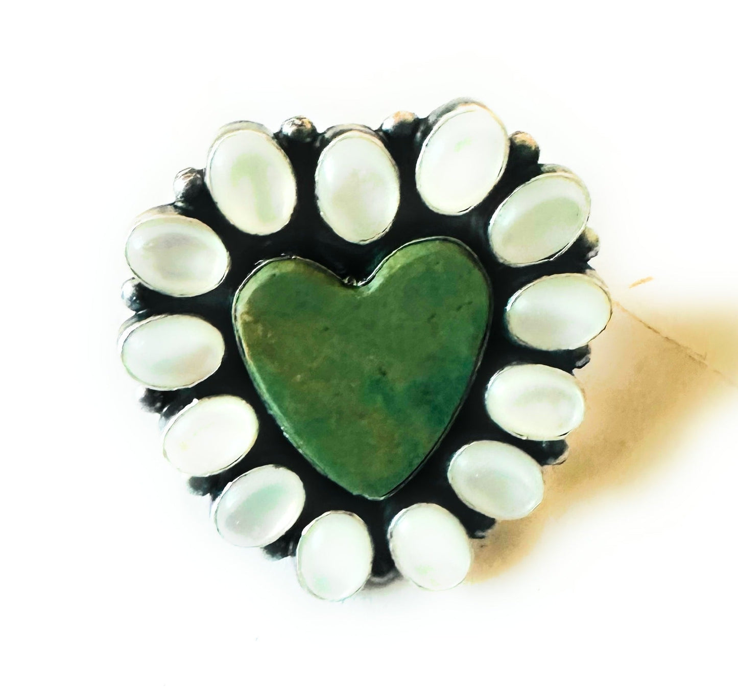 Handcrafted Sterling Silver , Mother of Pearl & Turquoise Heart Ring Size 10