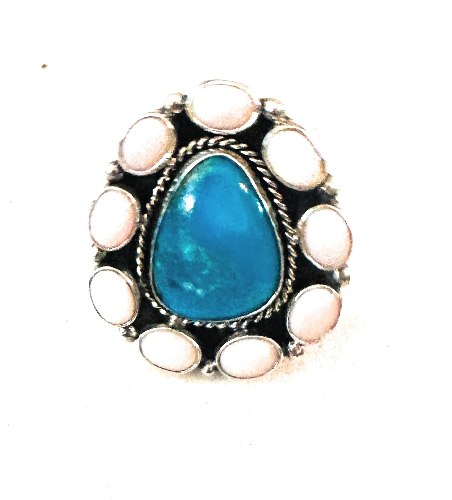 Handcrafted Sterling Silver, Queen Pink Conch & Turquoise Cluster Adjustable Ring