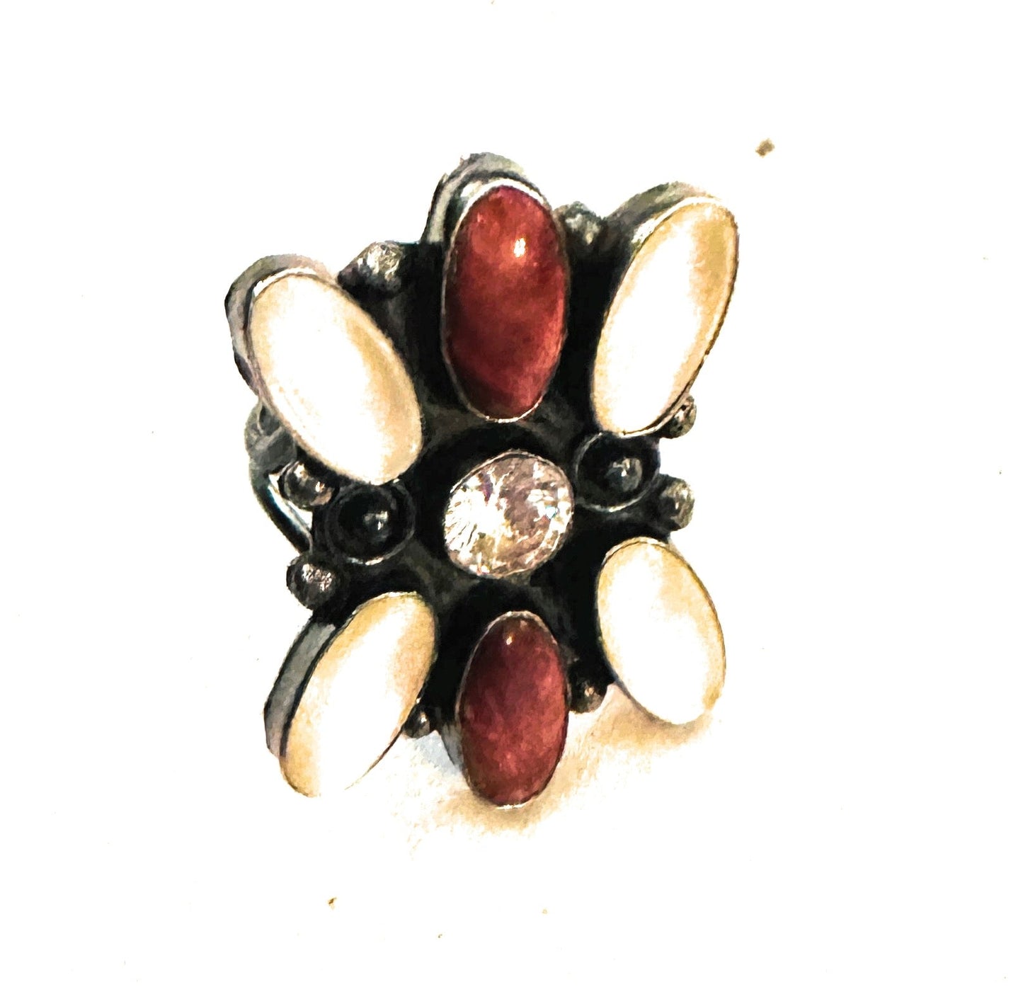 Handcrafted Sterling Silver, Mother of Pearl, Spiny & CZ Cluster Ring Size 9