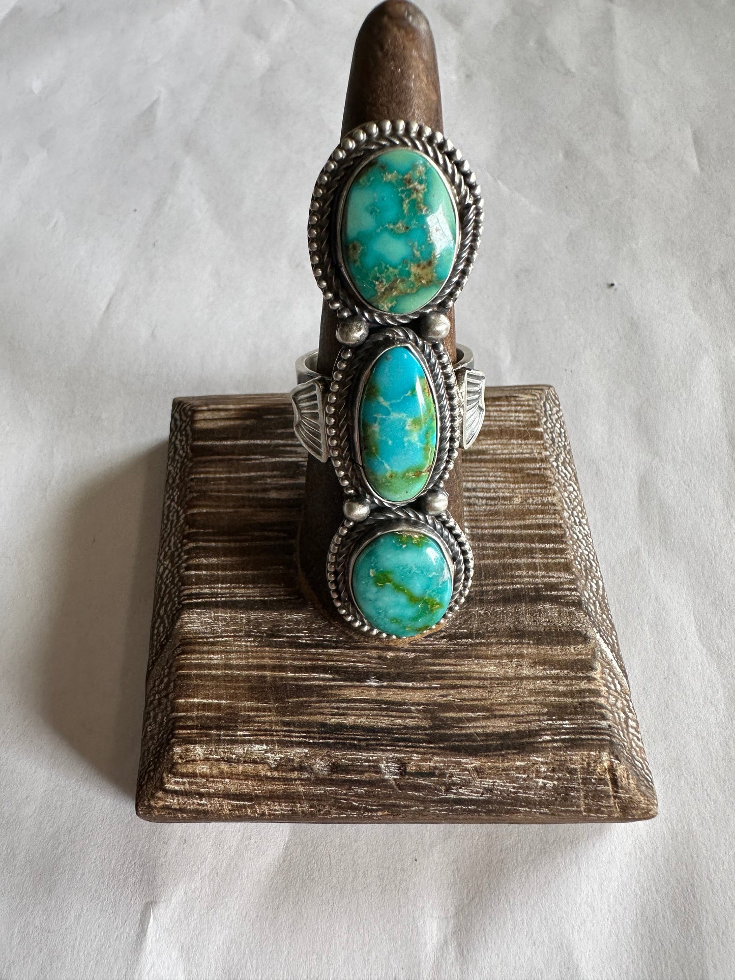 Handcrafted Sonoran Gold Turquoise & Sterling Silver 3 Stone Ring Size 8.5 Signed