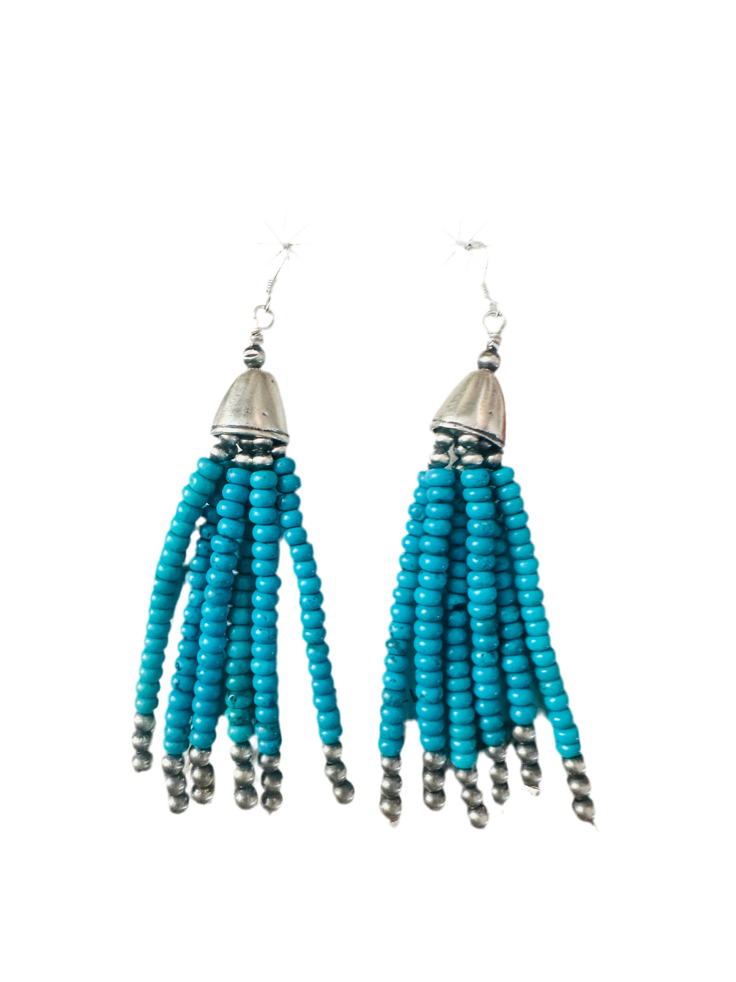 Handcrafted Darker Turquoise & Sterling Silver Pearl Beaded Tassel Dangle Earrings