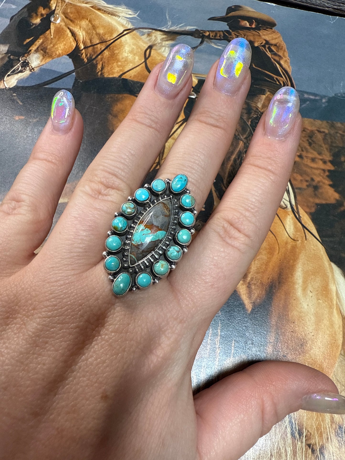 Handmade Sterling Silver, Kingman Turquoise, Ribbon Turquoise Adjustable Ring