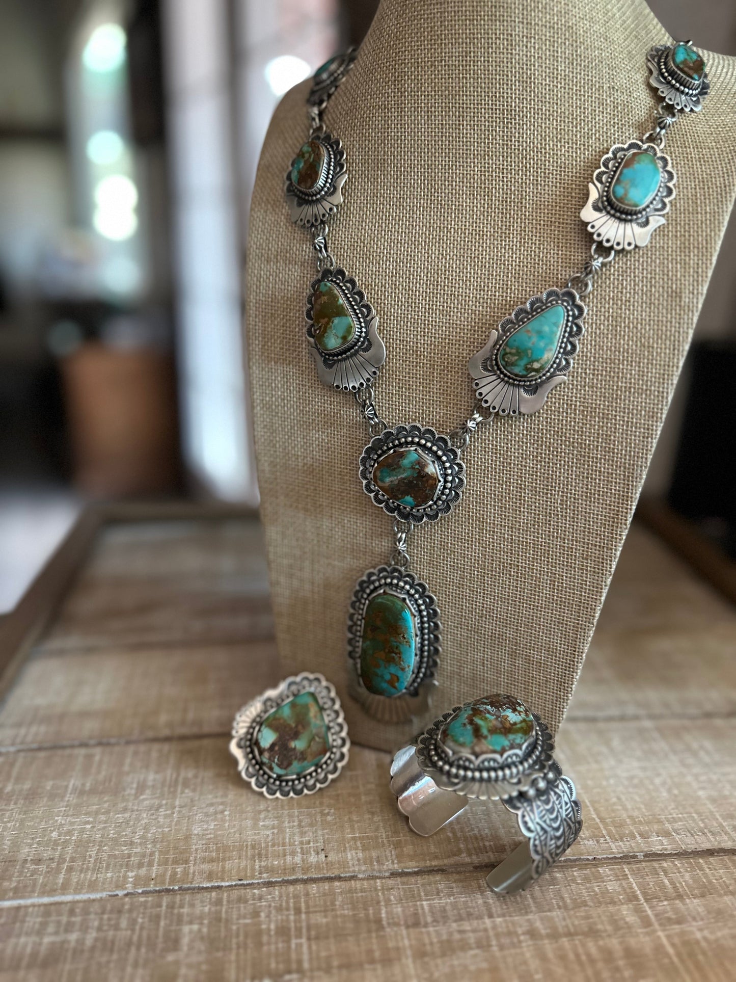 Charles Johnson Handcrafted Royston Turquoise & Sterling Silver Necklace, Bracelet and Ring Set Signed