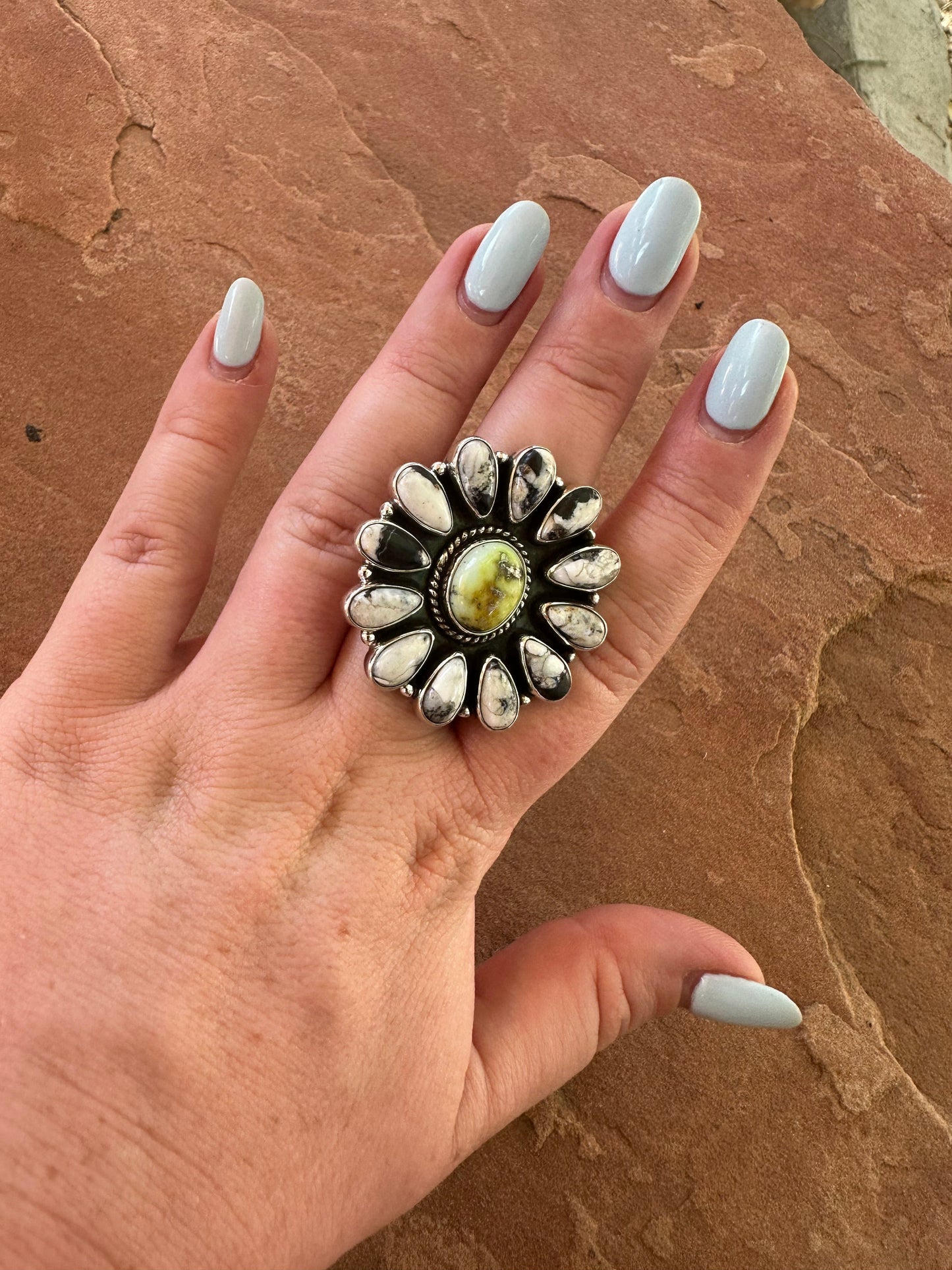 Beautiful Handmade White Buffalo, Palomino Turquoise And Sterling Silver Adjustable Ring