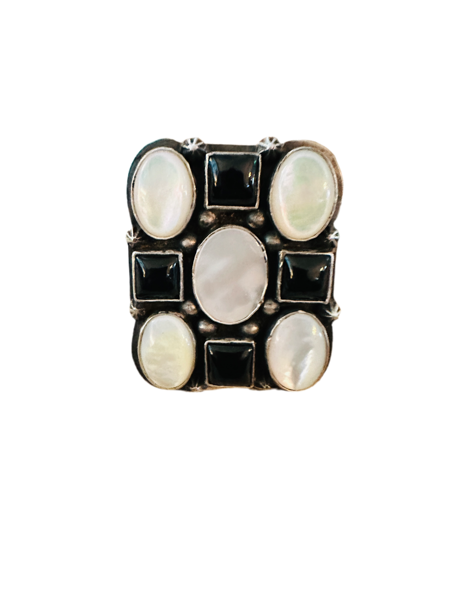 Handcrafted Sterling Silver, Onyx & Mother of Pearl Cluster Adjustable Ring by Charles Johnson
