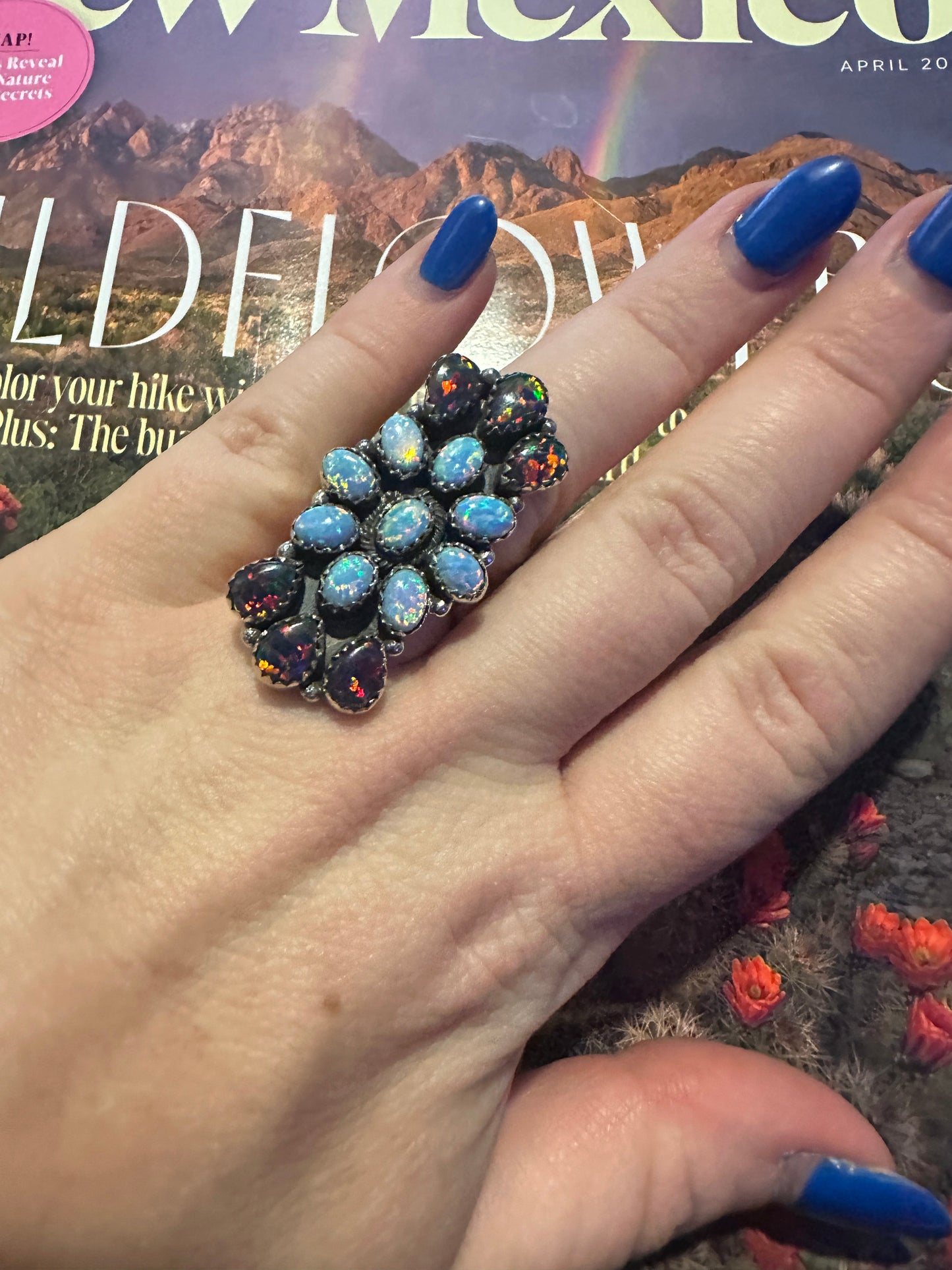 Handmade Sterling Silver Multi Color Fire Opal Adjustable Ring Signed Nizhoni