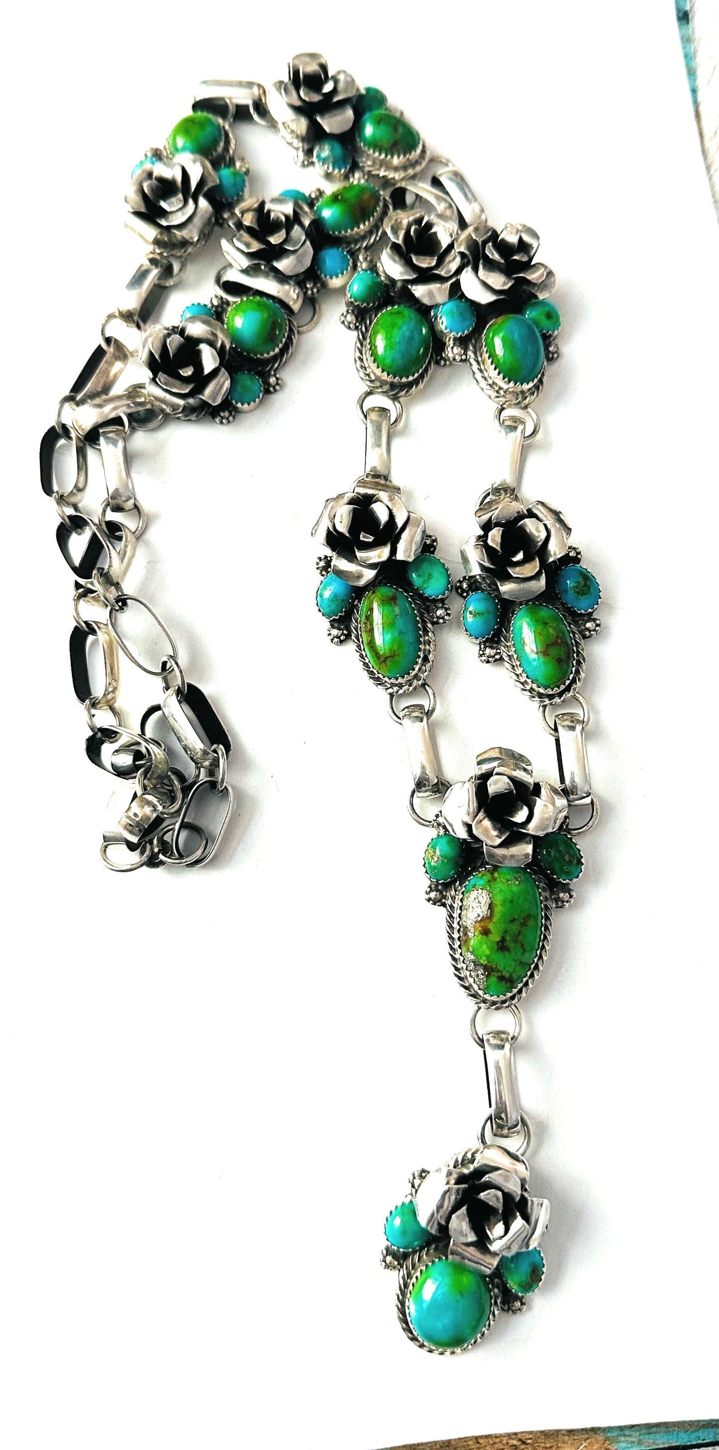 Handcrafted Sterling Silver & Sonoran Gold Turquoise Flower Necklace by Chris Etsitty